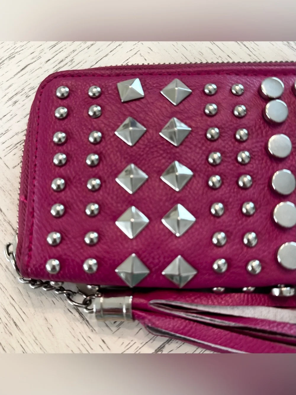 Fuchsia Pink Studded Zip Around Wallet Silver Hardware Tassel Y2K